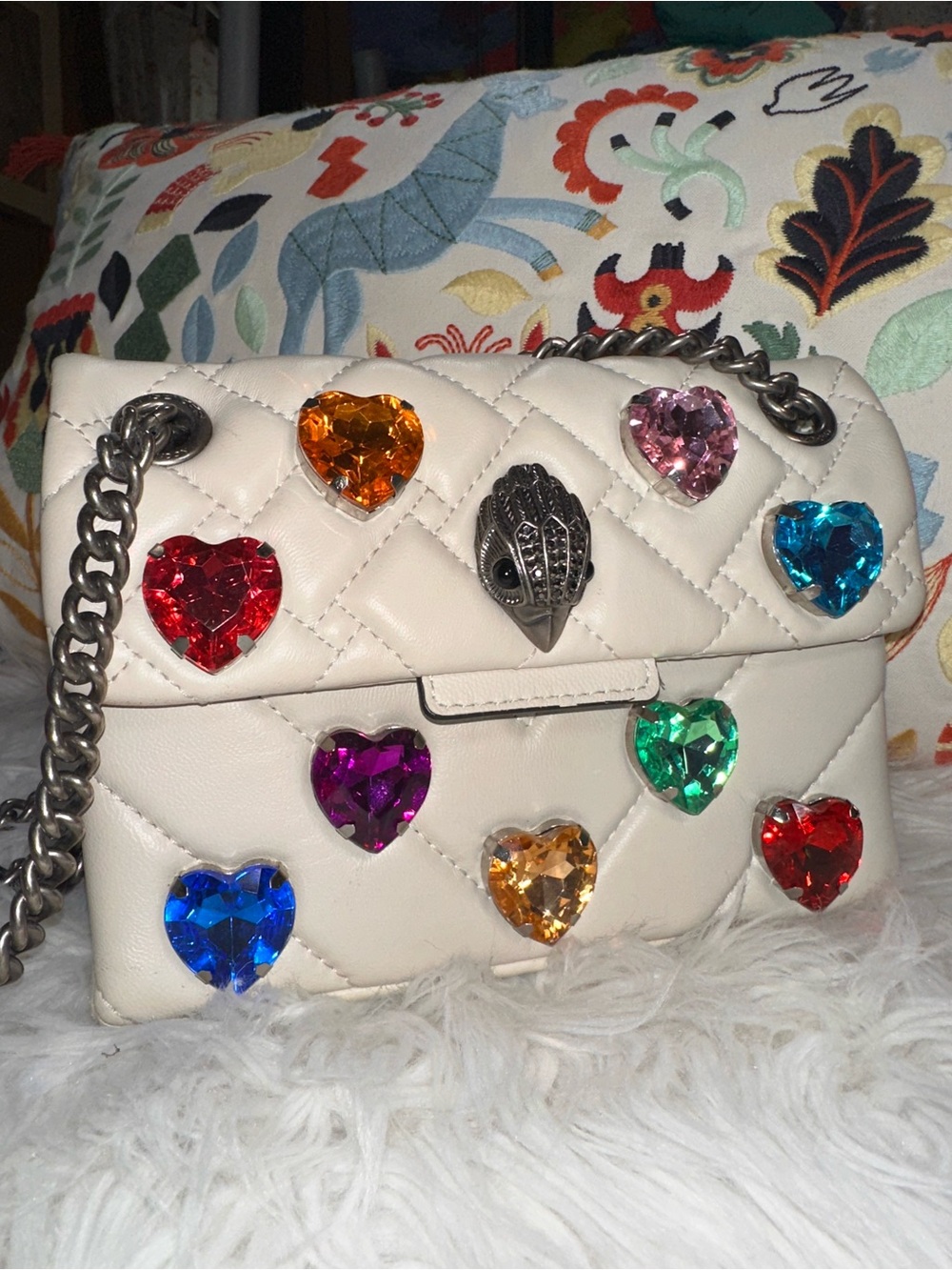 Kurt Geiger • Kensington Bone & Rainbow Hearts Love Crossbody Leather Bag - Picture 16 of 17